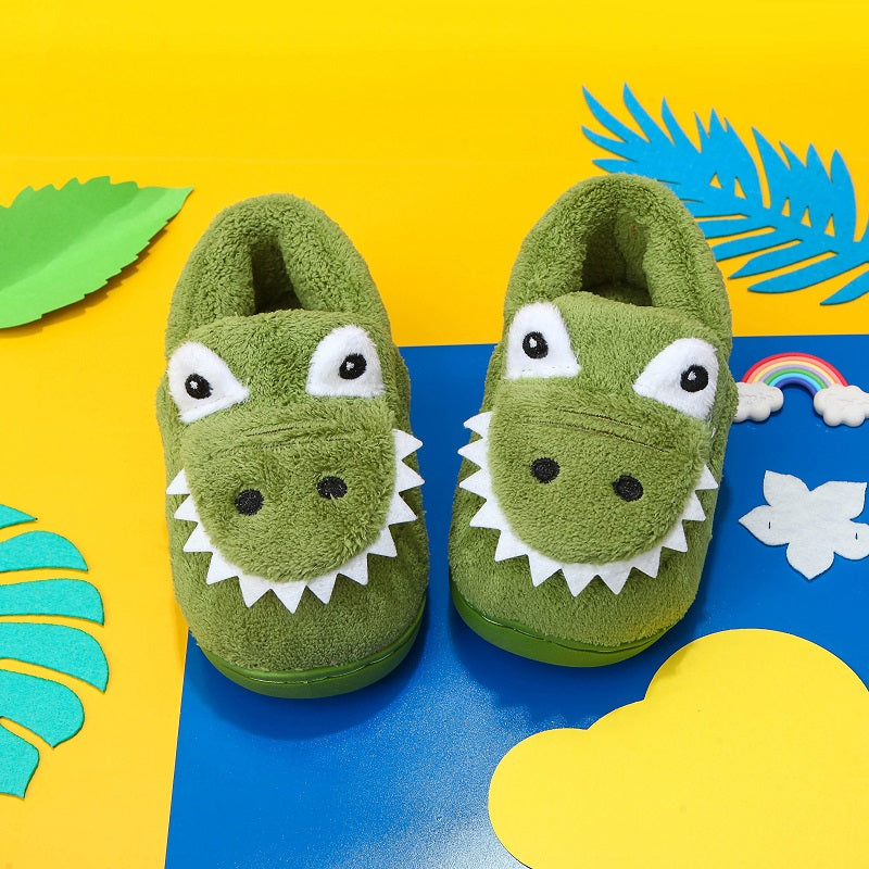 Boys' Cartoon Slippers with Lining, Warm and Non-Slip Soft Sole Indoor Slippers for Autumn and Winter